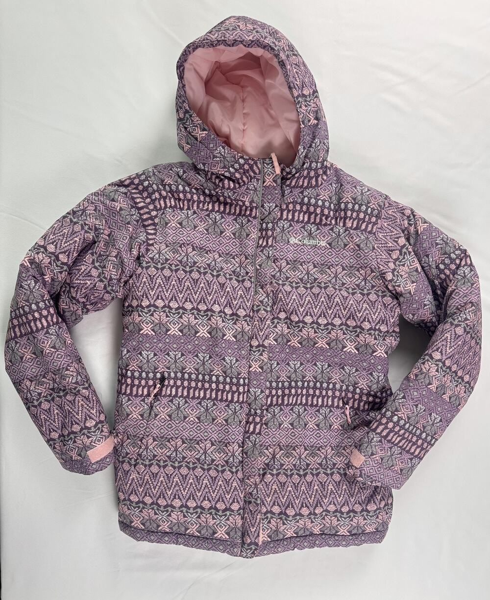 Columbia Puffer Jacket Girls L Purple Pink Fair Isle Hooded Winter Warm Coat